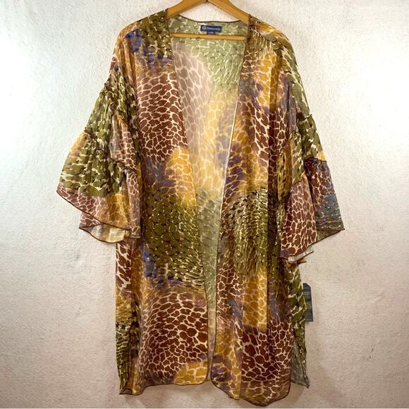 NWT Democracy Sheer Boho Kimono Cardigan L/XL Earthy Open Front Animal Print - Picture 1 of 7